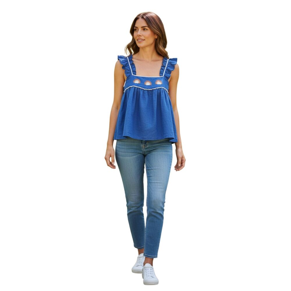 Greylin Heiko Seashell Top Vibrant Blue White Piped Trim Embroidered Large